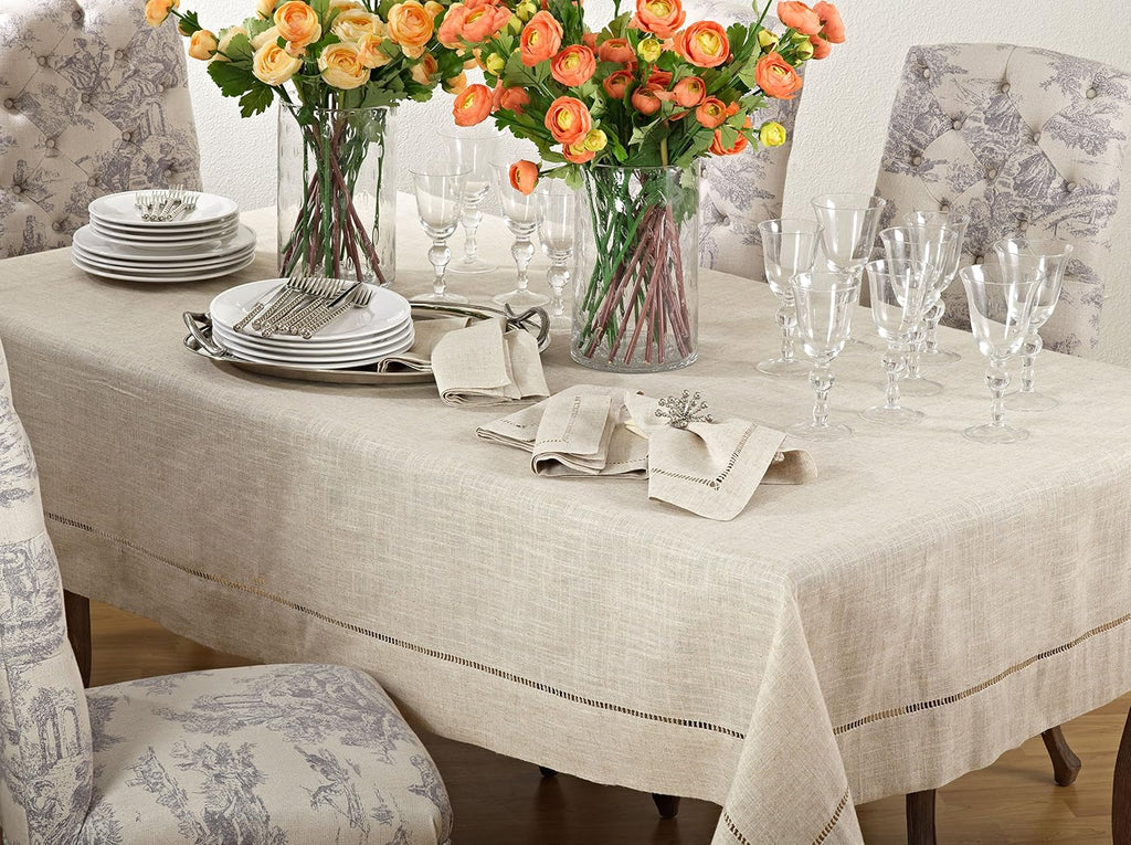 Poly and Linen Blend Toscana Tablecloth with Hemstitch Border, Natural, 65"x104"