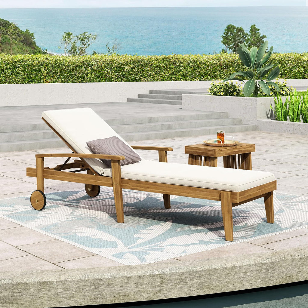 Acacia Wood Outdoor Chaise Lounge, Adjustable Reclining Patio Chair with Cushions, Modern Thin Slat Design, Durable