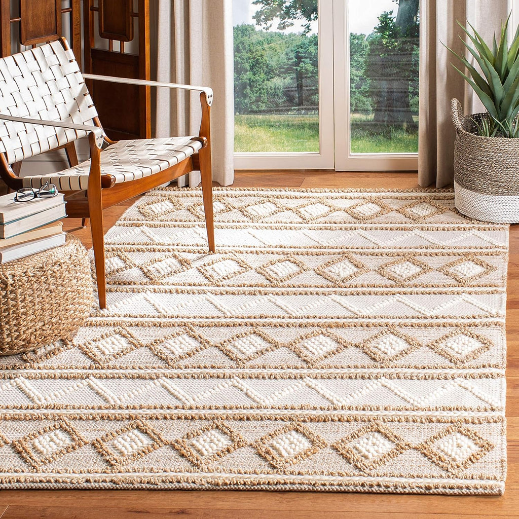 Natural Fiber Area Rug - 9' x 12', Beige & Ivory, Handmade Moroccan Boho Tribal Jute & Wool