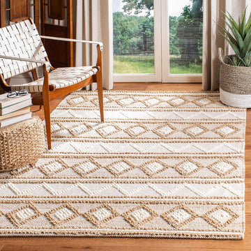 Natural Fiber Area Rug - 9' x 12', Beige & Ivory, Handmade Moroccan Boho Tribal Jute & Wool