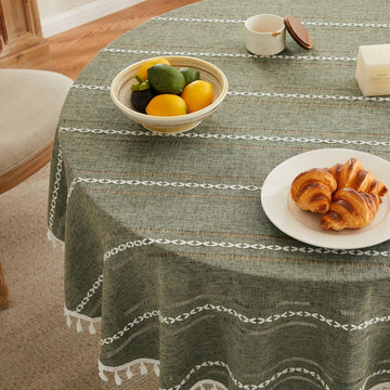 Hemstitched Embroidery Striped Boho Tablecloth 60 Inch Round Olive, Heavy Weight Farmhouse Burlap Li