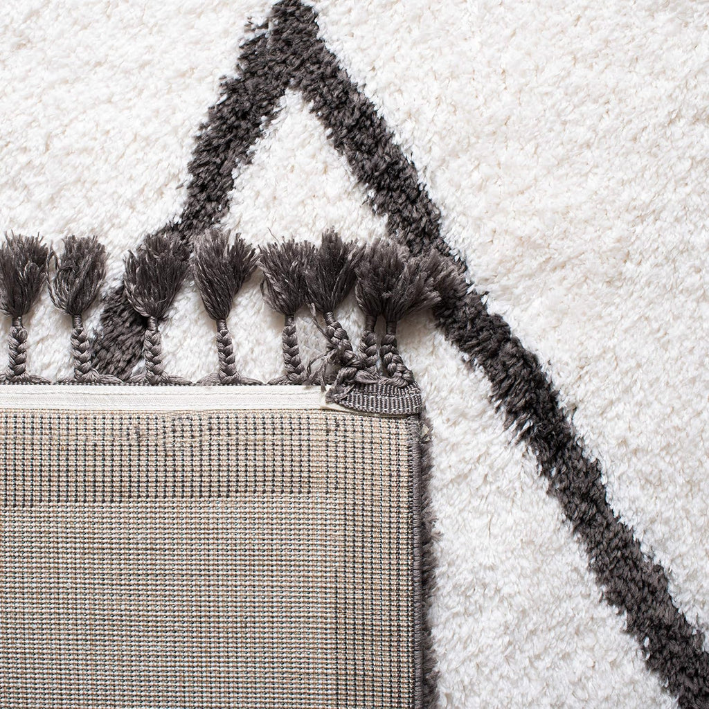 Carmella Shag Collection Runner Rug - 2'2" x 8', Cream & Grey, Moroccan Tassel Design, Non-Shedding & Easy Care