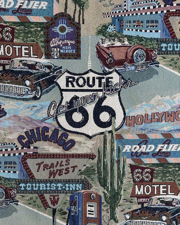 Classic Retro Route 66 Inspired Tapestry Fabric, Motel, Diner, Gas Station Theme - 56" W, Sold by the Continuous