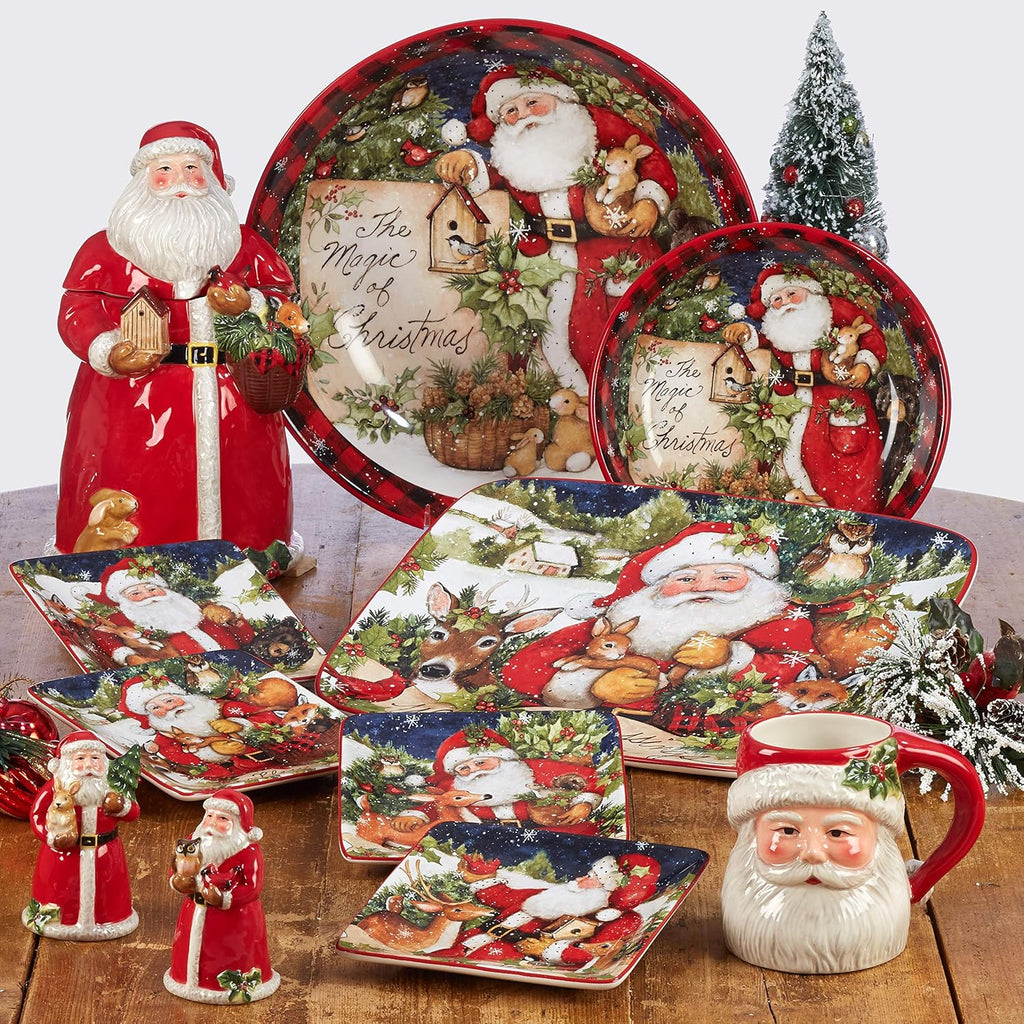 Magic of Christmas 16pc Ceramic Dinnerware Set - Santa and Woodland Animals Holiday Plates, Bowls & Mugs, Dishwasher