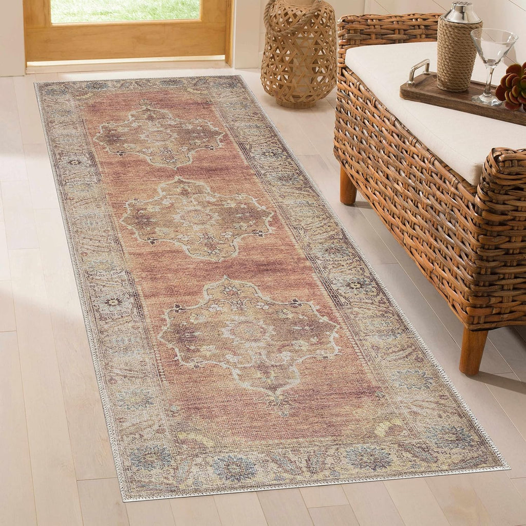 Powhatan Machine Washable Area Rug - Medallion Floral Border Distressed Faded - Traditional Oriental Transitional