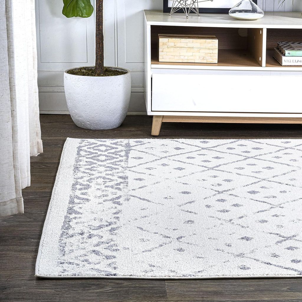 Juba Geometric Diamond Ivory/Gray Indoor Area Rug, Moroccan, Bohemian, Vintage, Easy-Cleaning, Pet Friendly
