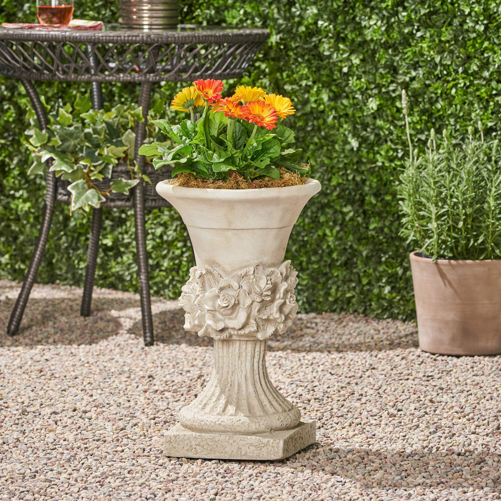 Michaelia Chalice Garden Urn Planter, Roman, Botanical, Antique White Lightweight Concrete