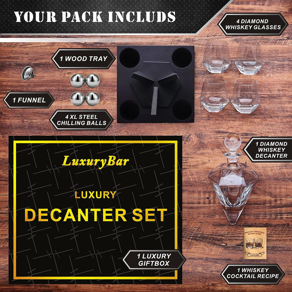 Diamond Whiskey Decanter Set 4 ChillBall Glasses&Tray Decanter Sets for Men - Set of 12