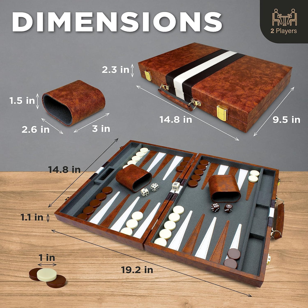 Large Backgammon Sets for Adults - Classic Board Games for 2 Players Adults and Kids - Premium Backgammon Set 15 inch