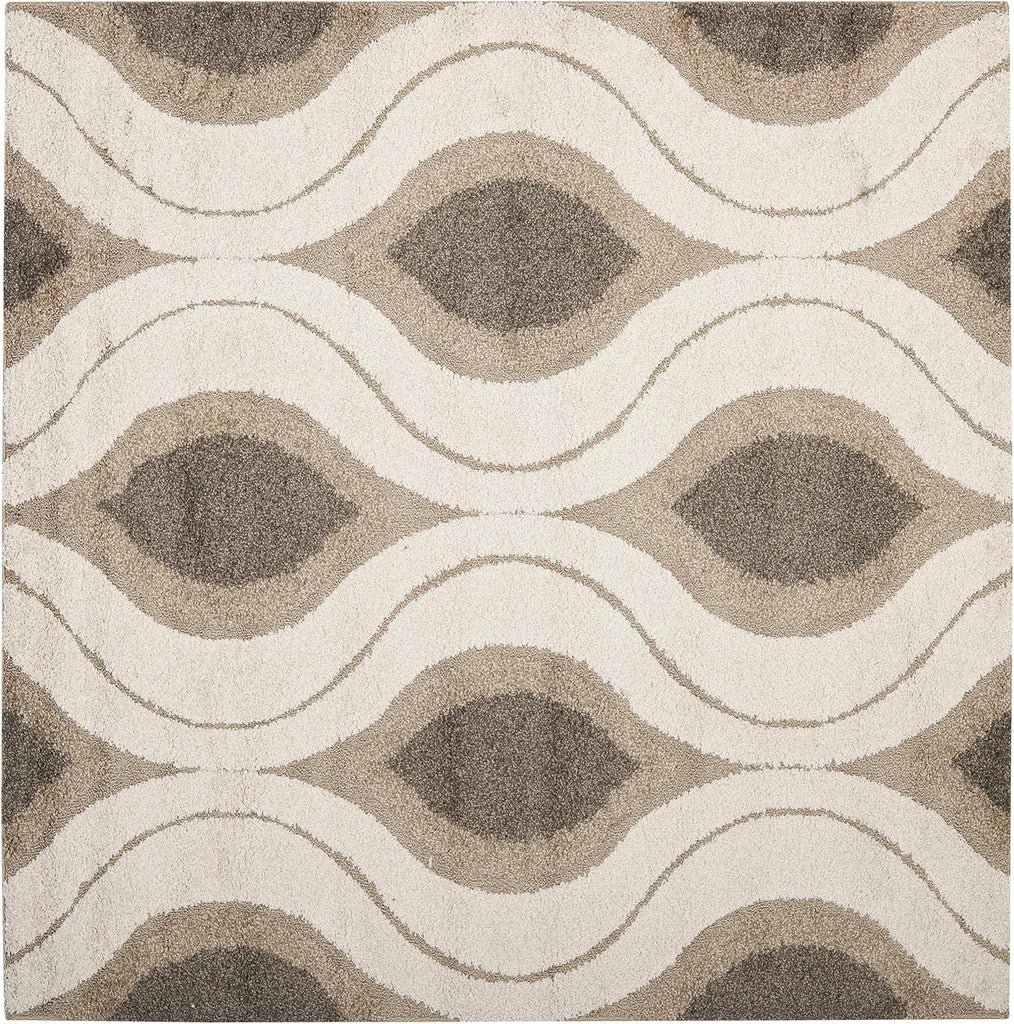 Florida Shag Collection Area Rug - 6'7" Square, Cream & Smoke, Modern Ogee Design, Non-Shedding & Easy Care, 1.2-inch