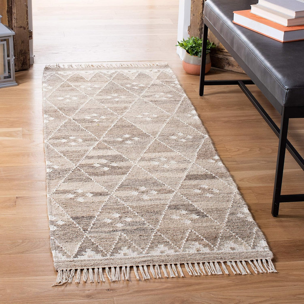 Natural Kilim Collection Runner Rug, Natural & Ivory, Handmade Moroccan Boho Tribal Wool & Viscose, Ideal