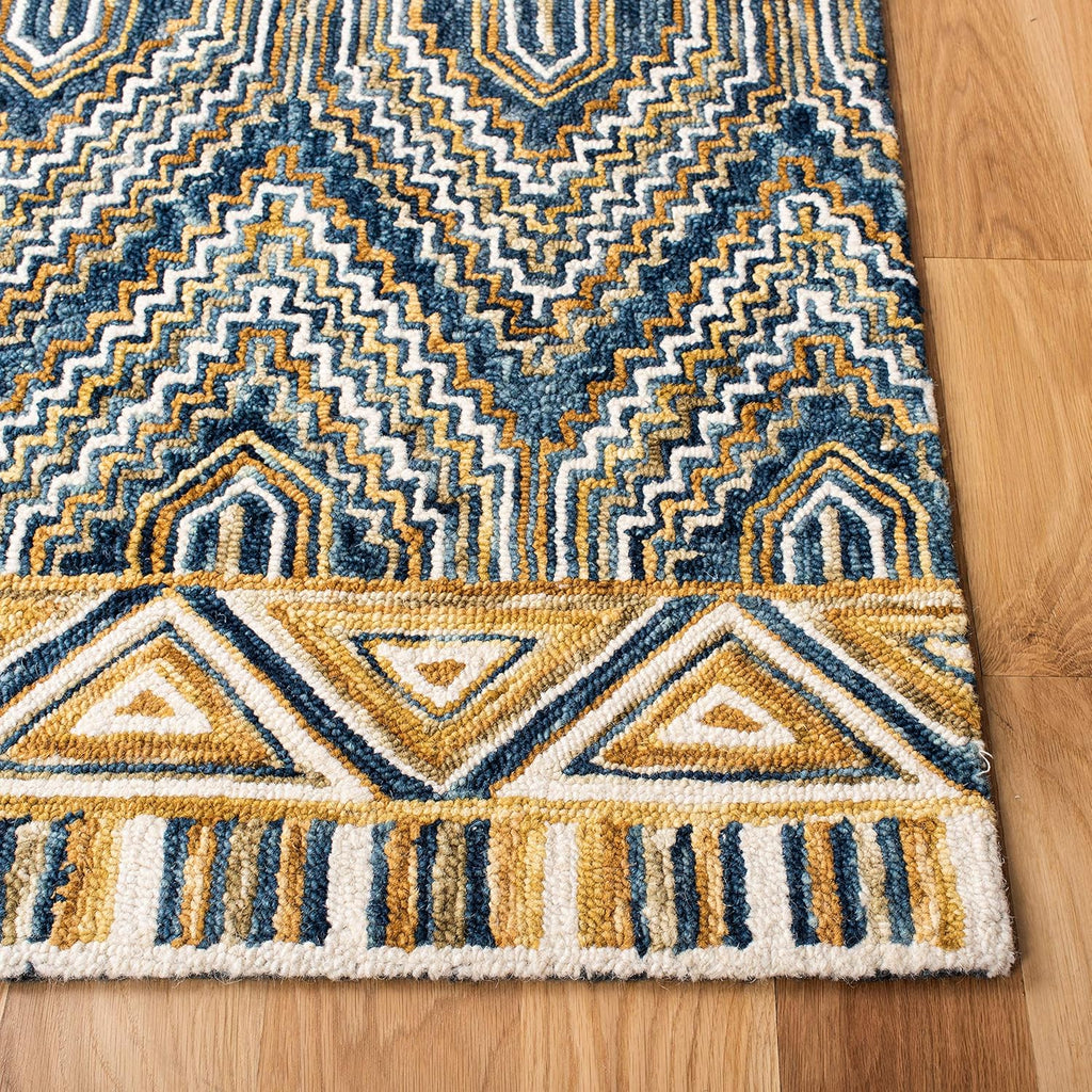 Aspen Area Rug - 10' x 14', Blue & Gold, Handmade Boho Wool