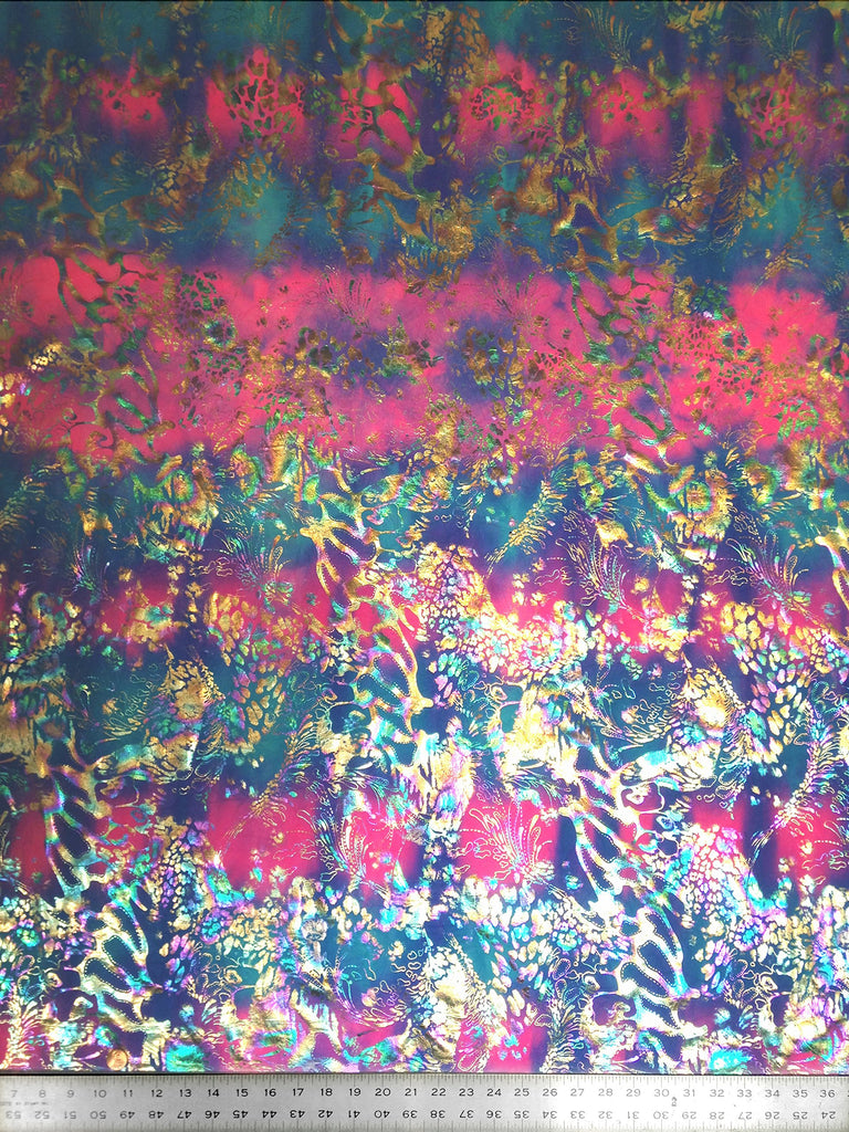 Shiny Rainbow Foil Abstract Pattern on Bright Crease Stretch Nylon Spandex Fabric by The Yard (Hot Pink/Turquoise)