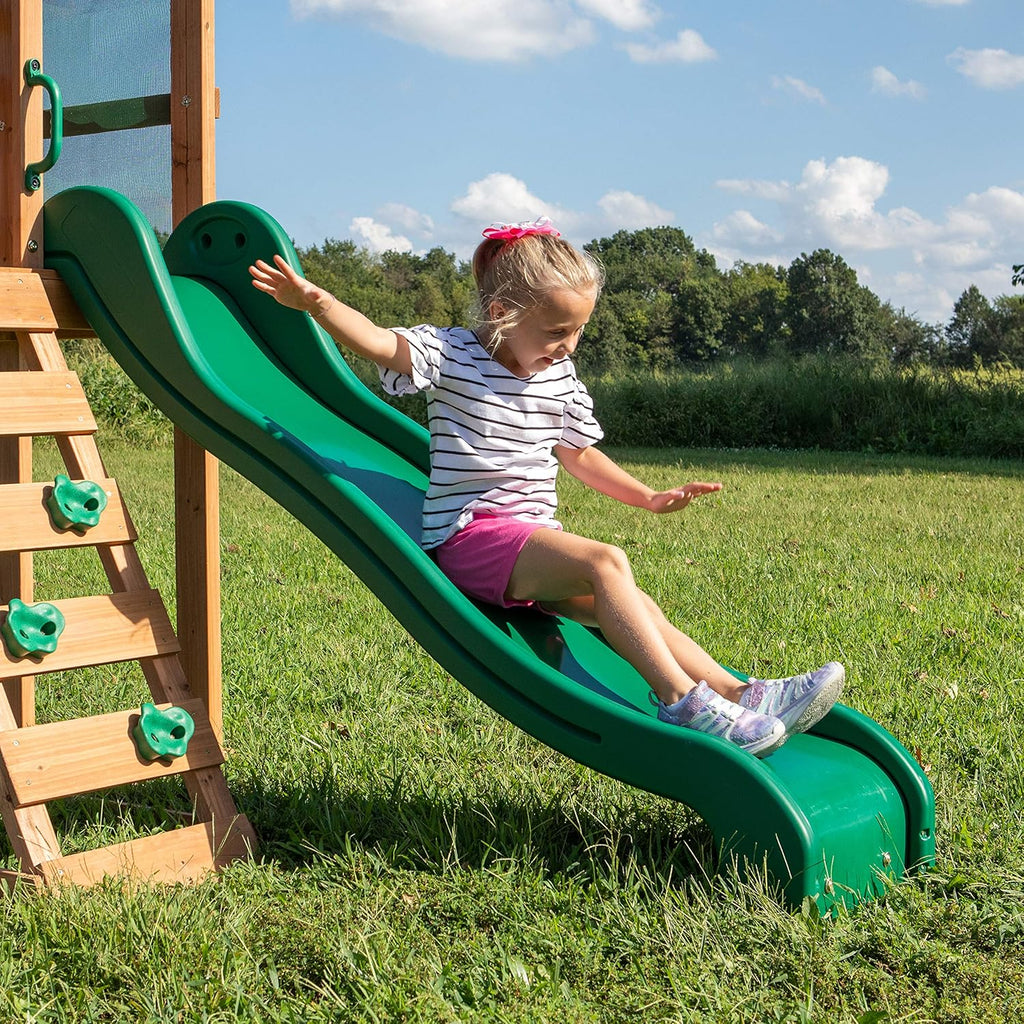 Buckley Hill Cedar Wood Swing Set with Wave Slide, Play Deck, Rock Wall Ladder, Belt Swings, Chalkboard, Canopy Roof