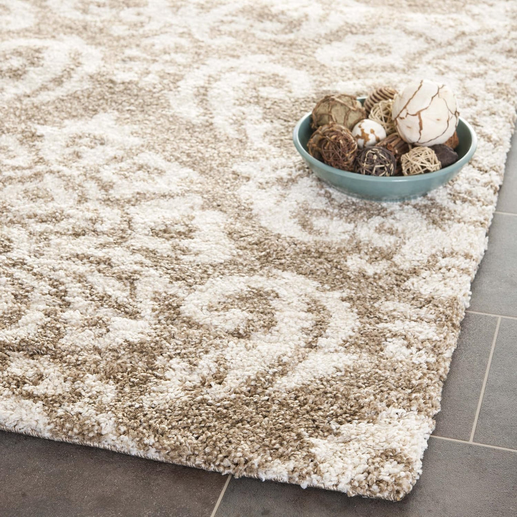 Florida Shag Collection Area Rug - 4' Square, Beige & Cream, Damask Design, Non-Shedding & Easy Care, 1.2-inch Thick
