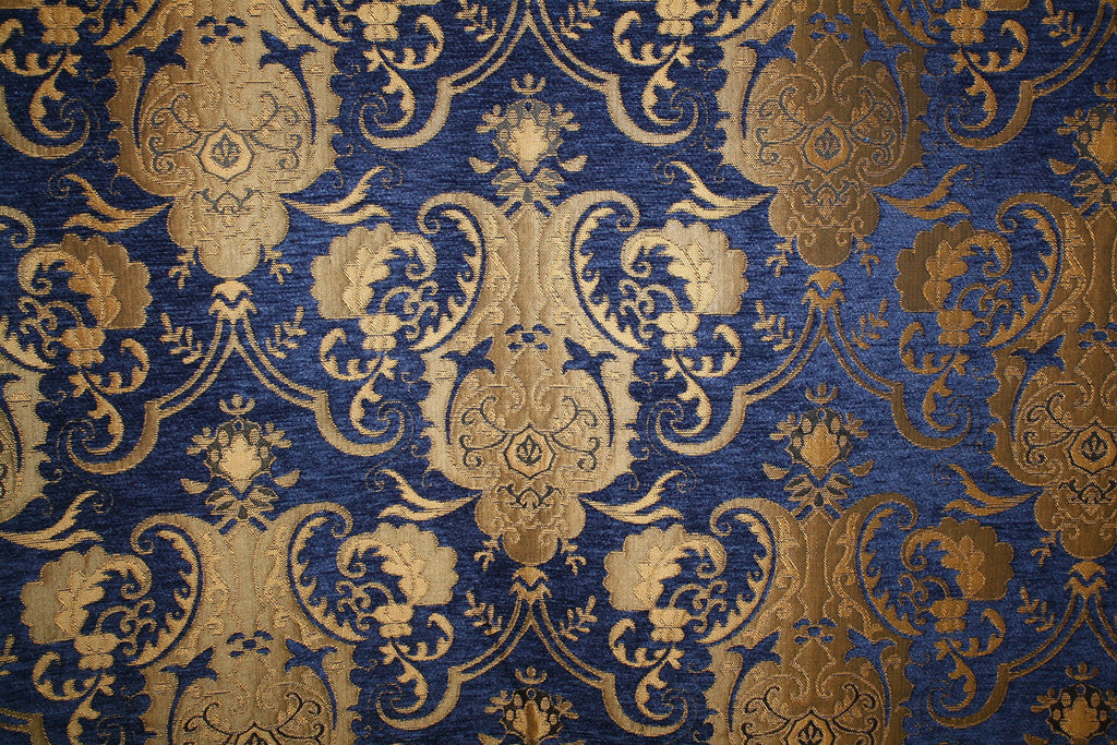 Chenille Renaissance Home Decor Upholstery, Sold by The Yard (Blue/Gold)