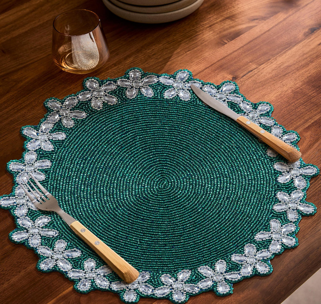 Beaded Placemats for Dining Table, 13 Inch Round, Handcrafted, Teal