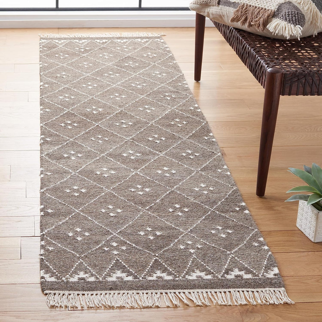 Natural Kilim Collection Runner Rug - 2'3" x 6', Brown & Ivory, Handmade Moroccan Boho Tribal Wool & Viscose, Ideal