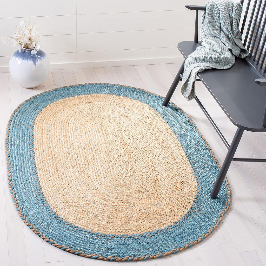Natural Fiber Collection Area Rug - Oval, Natural & Blue, Handmade Jute, Ideal for High Traffic Areas