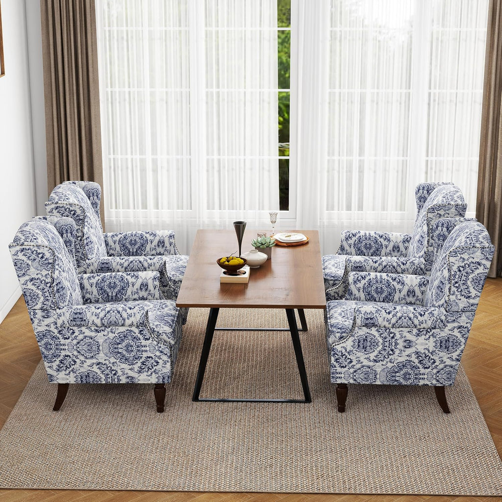 Wingback Accent Chair with Wood Legs, Navy Blue, Set of 1 | High Back with Side Wings | Armrest Nailhead Trim | Solid