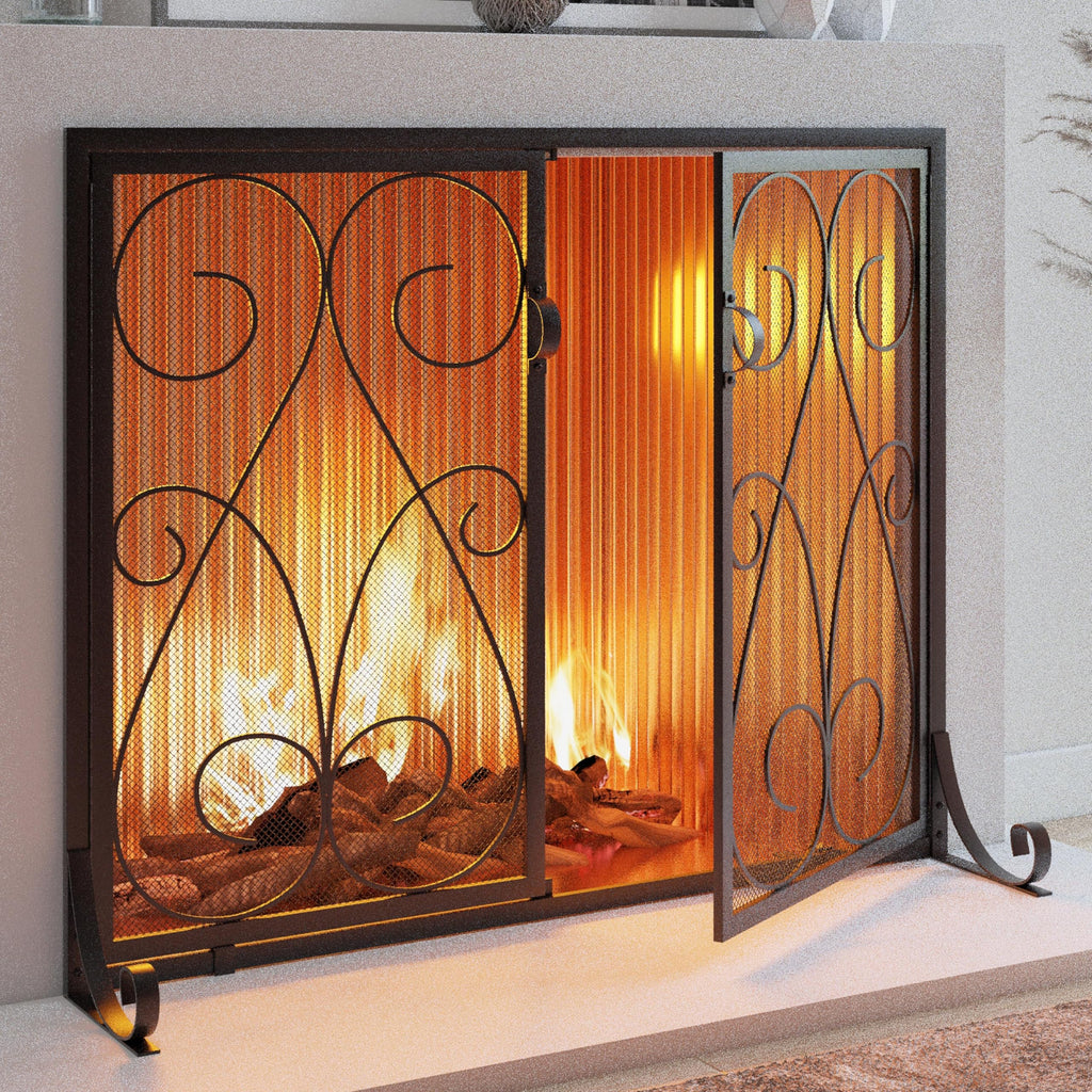 2-Panel Fireplace Screen with Doors Handcrafted Wrought Iron Decorative Mesh, Symmetric Scroll Fire Spark Guard-Black
