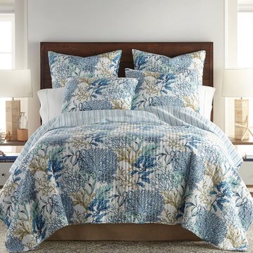 Mahina Quilt Set - Quilt + Two Pillow Shams - Coastal - Taupe, Blue and White - Quilt