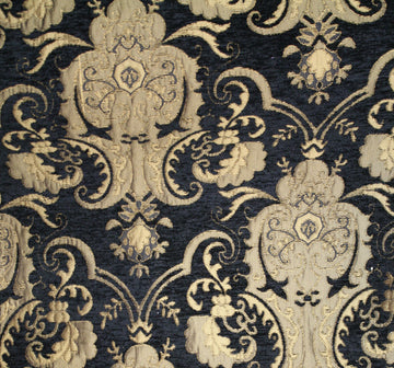 Damask, Chenille, Upholstery, Drapery Fabric, Black/Gold, Sold by The Yard 58" Wide