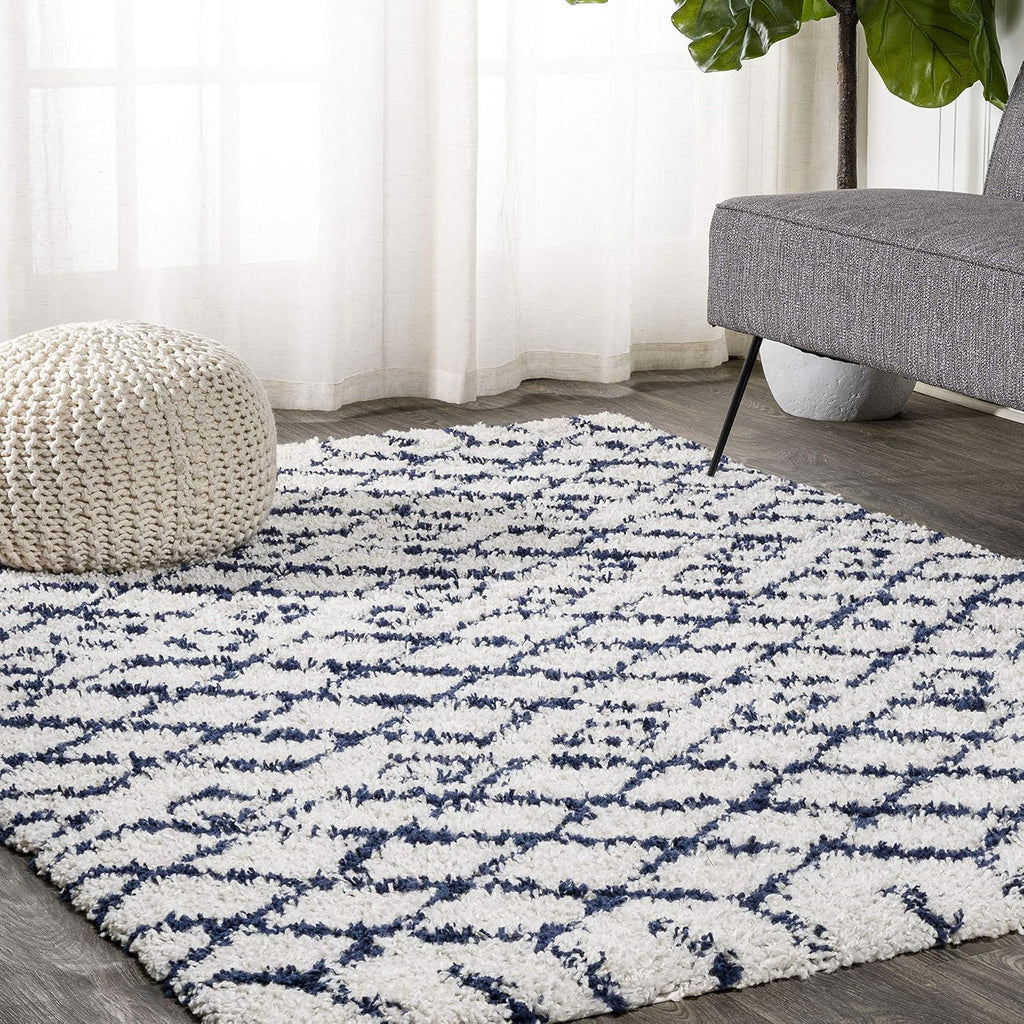 Diamond Shag Beige/Navy Indoor Area Rug, Algaida Moroccan, Easy-Cleaning, High Traffic, Pet-Friendly