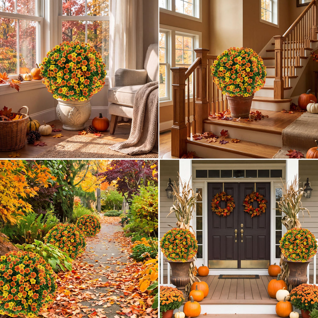 27.5" Fall Artificial Topiary Ball Flowers, Set of 2 Fake Bushes Shrubs with Ground Spike, UV Resistant Faux