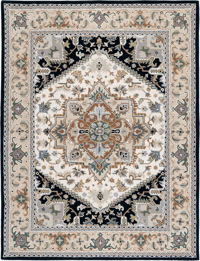 Area Rug 10x14 - Heritage - Large - Beige & Navy, Handmade Wool, Traditional Oriental Medallion Design