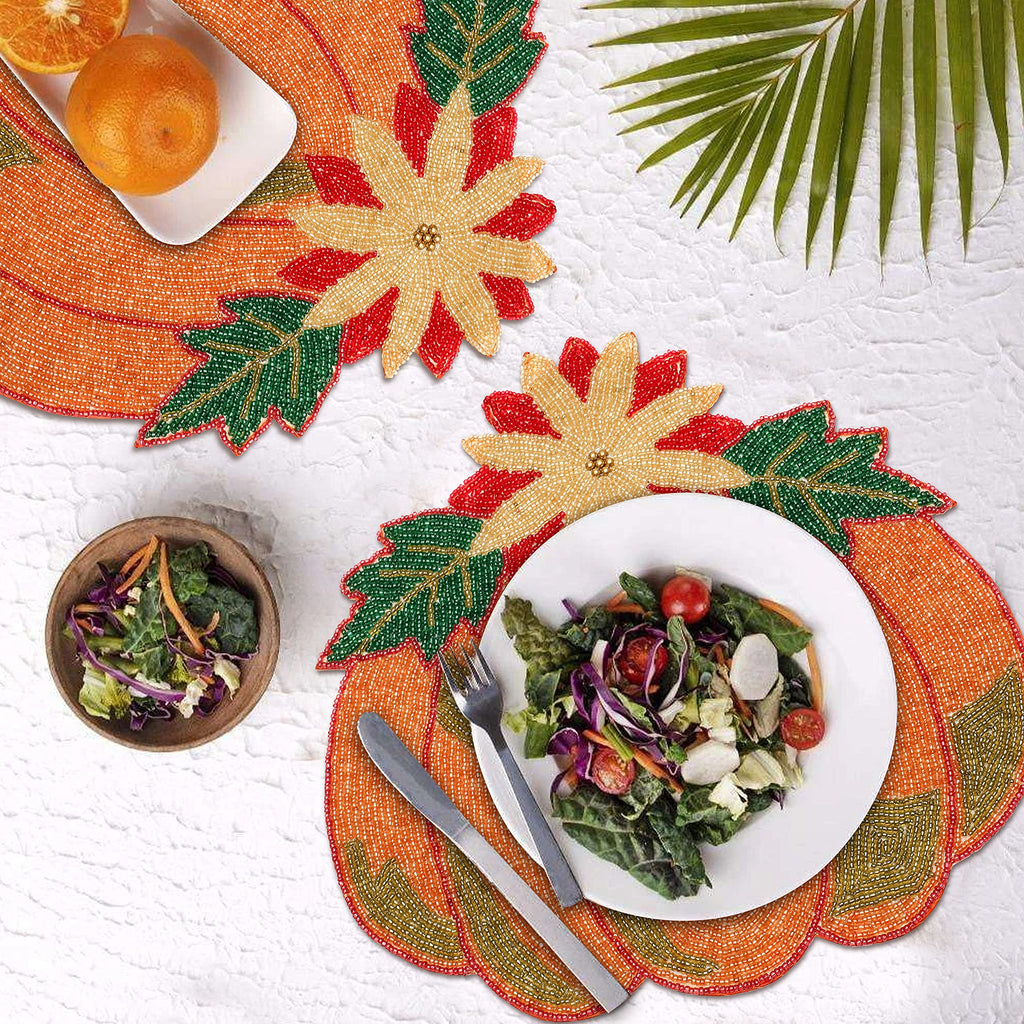 Lightnpro Beaded Pumpkin Placemats Set of 2 - 13 Inch Round Multicolor Charger Mats, Handcrafted Artisan Table