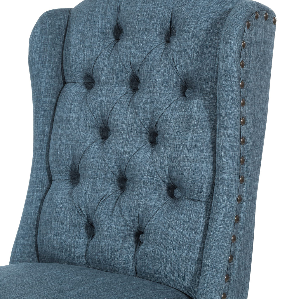 Jessica Button Tufted Wingback Upholstered Dining Chair with Wood Legs, Navy Blue Fabric