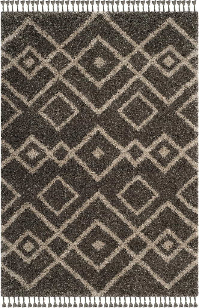 Moroccan Fringe Shag Collection Area Rug, Grey & Cream, Boho Tribal Design, Non-Shedding & Easy Care