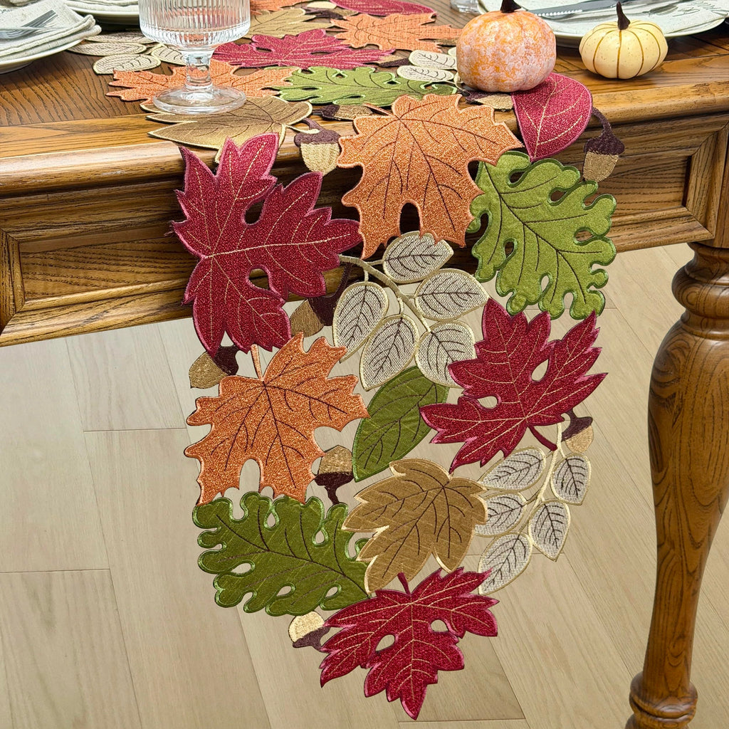 Fall Table Runner 72inches Long, Harvest Embroidered Thanksgiving Autumn Maple Leaves Table Runner 13x72 inch for