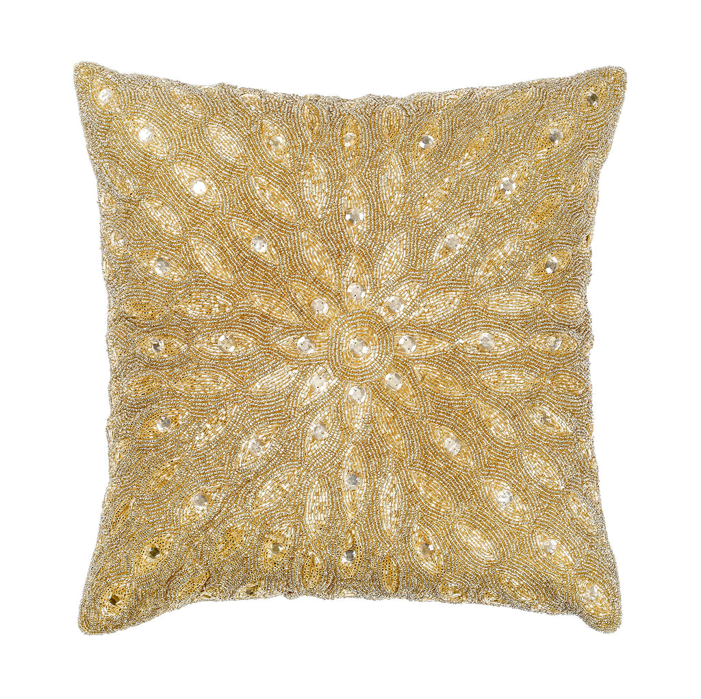 Lightnpro Luxury Gold Hand-Beaded Pillow Cover - 16x16 Inch, Artisan-Made Decorative Cushion for Sofa, Couch, and Bed