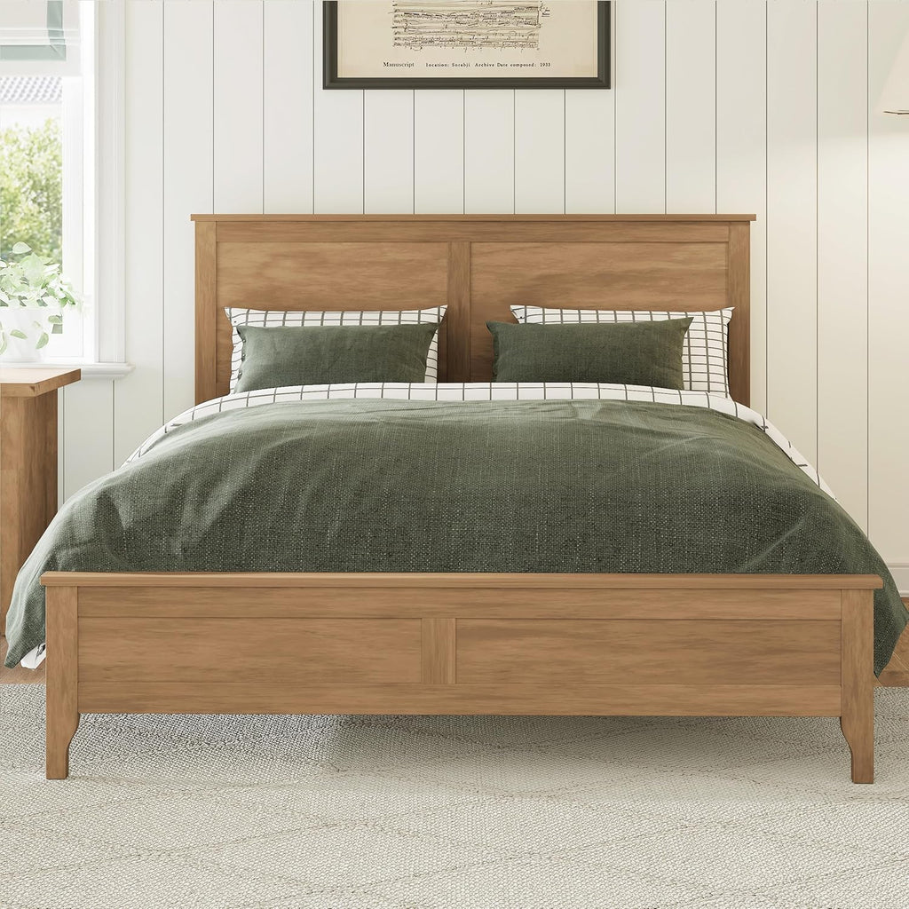 Queen Bed Frame, Solid Wood Platfrom Bed Frame Queen with Headboard & Slat Supports, No Box Spring Needed, Easy