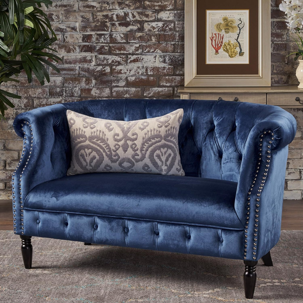 Milani Tufted Scroll Arm Velvet Loveseat, Navy Blue / Dark Brown