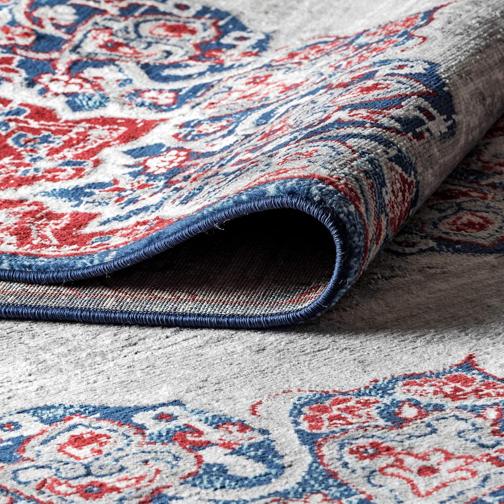 Modern Vintage Moroccan Medallion Navy/Red Indoor Area Rug, Country, Floral, Easy-Cleaning, Pet Friendly