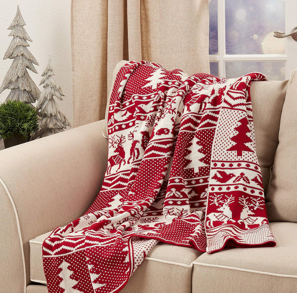 Reindeer and Christmas Tree Knit Throw, Red, 50" x 60", TH544.R5060