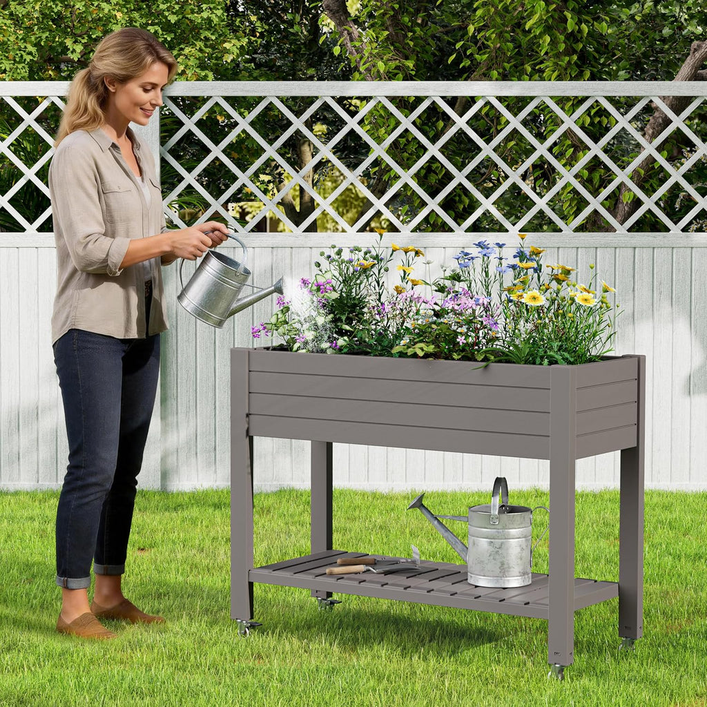 33.7" Tall Raised Garden Bed with Wheels, Divisible Plastic Planter Box with Drainage Gauge & Storage Shelf, Herb
