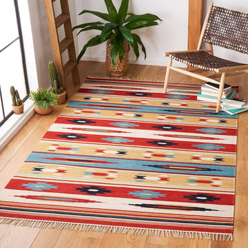 Kilim Collection Area Rug, Beige & Red, Handmade Flat Weave Wool, Ideal for High Traffic Areas (KLM712A)