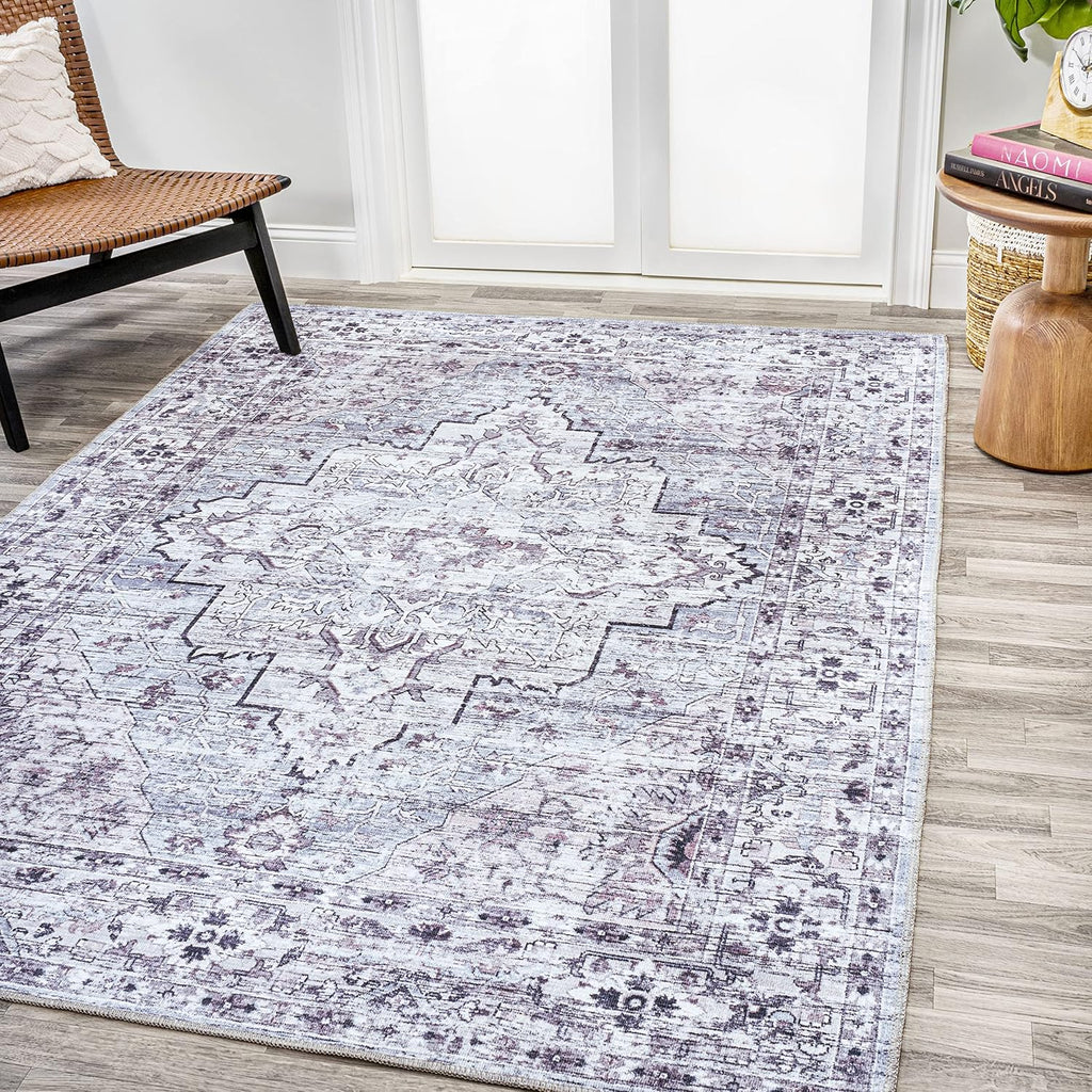 Machine Washable Gray/Purple Indoor Area Rug 5X8 ft, Didim Boho Medallion, Easy-Cleaning, High Traffic