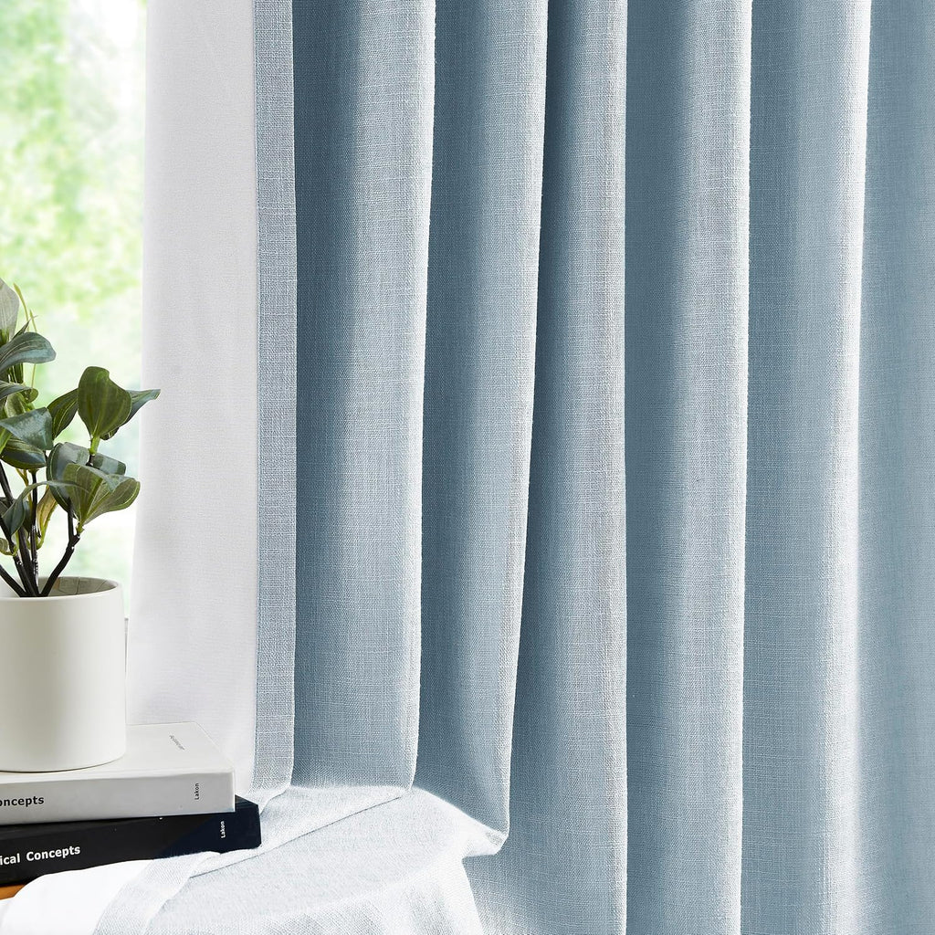 Dusty Blue Pinch Pleated Full Blackout Curtains Linen Texture Thermal Insulated Window Treatment Panel 84 Inch for