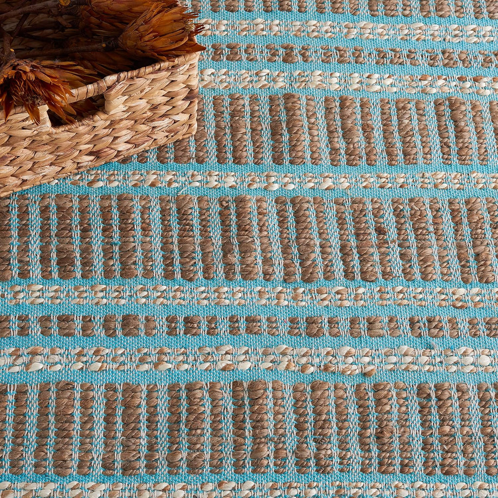 Area Rug 8x10 - Natural Fiber Collection - Large - Teal & Natural, Handmade Jute & Cotton Flat Weave, Stripe Pattern