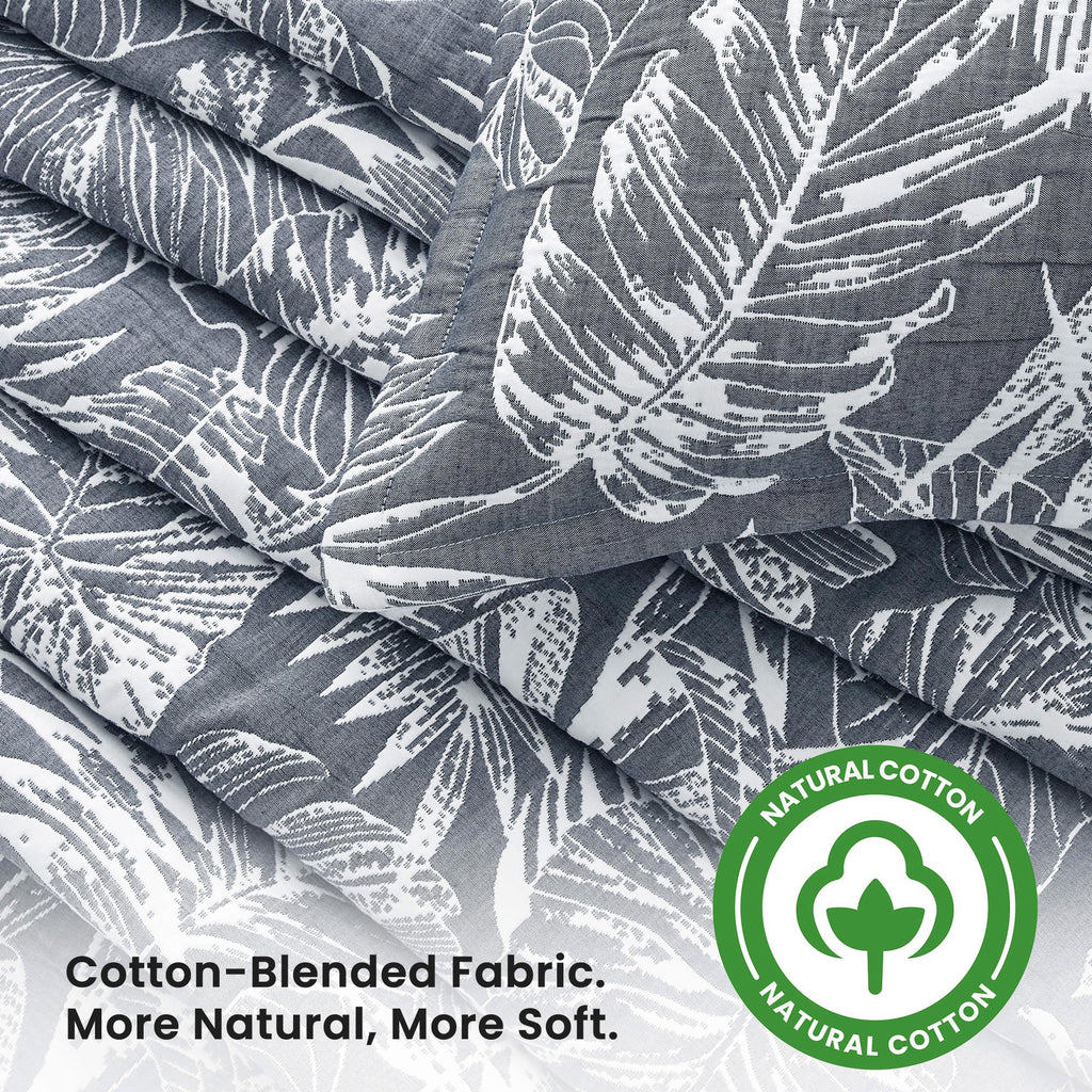 Tropical Leaf Cotton Blend Quilt Set Matelasse 3 Pcs