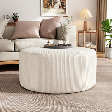 30.25" Modern Upholstered Round Corduroy Ottoman, Multifunctional Extra Seat, Side Table, Foot Rest, Stuffed Pouf