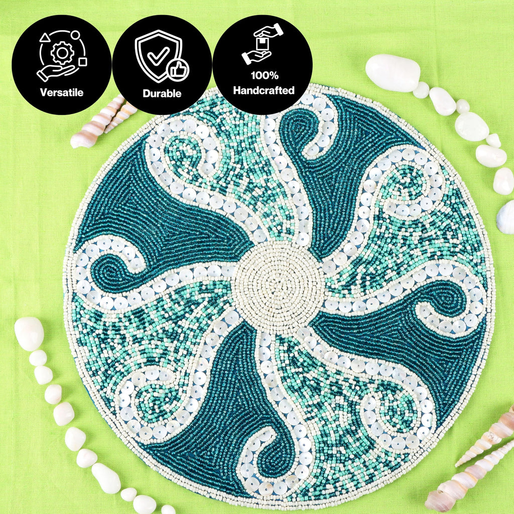 Beaded Placemats 13 Inch Teal Ivory Round Table Mats