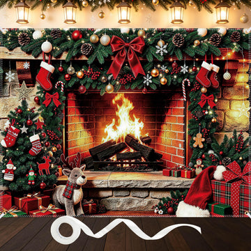 8×6Ft Fireplace Christmas Backdrop, Merry Christmas Banner for Photography