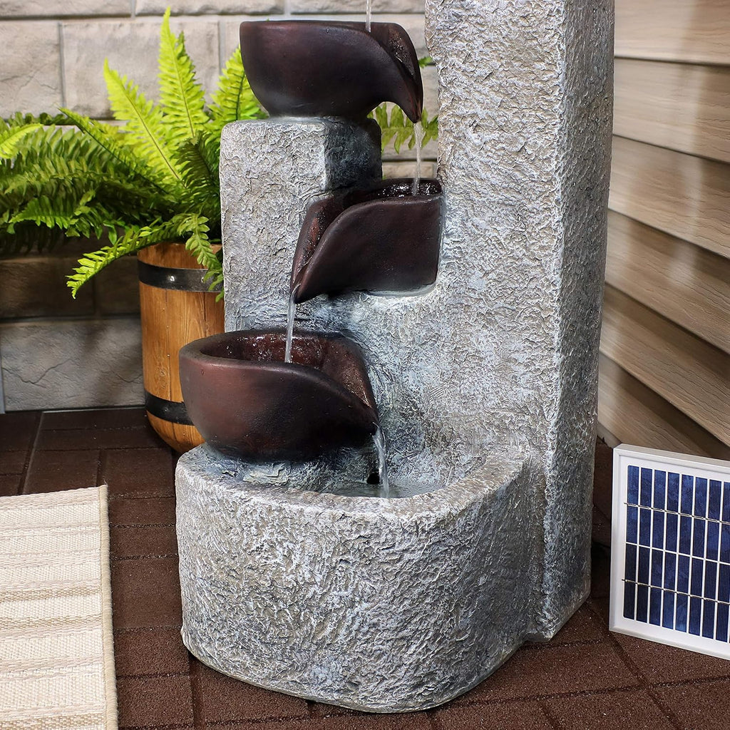 Aged Tiered Vessels 29-Inch Solar Fountain with Battery Backup - Submersible Pump - Polyresin