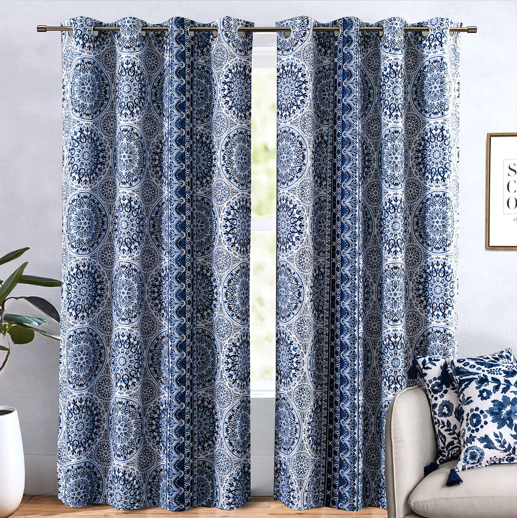 Curtains Blackout Curtain 84 Inch Medallion Drapes Watercolor Damask Pattern Lined Window Treatments Grommet 2 Panels